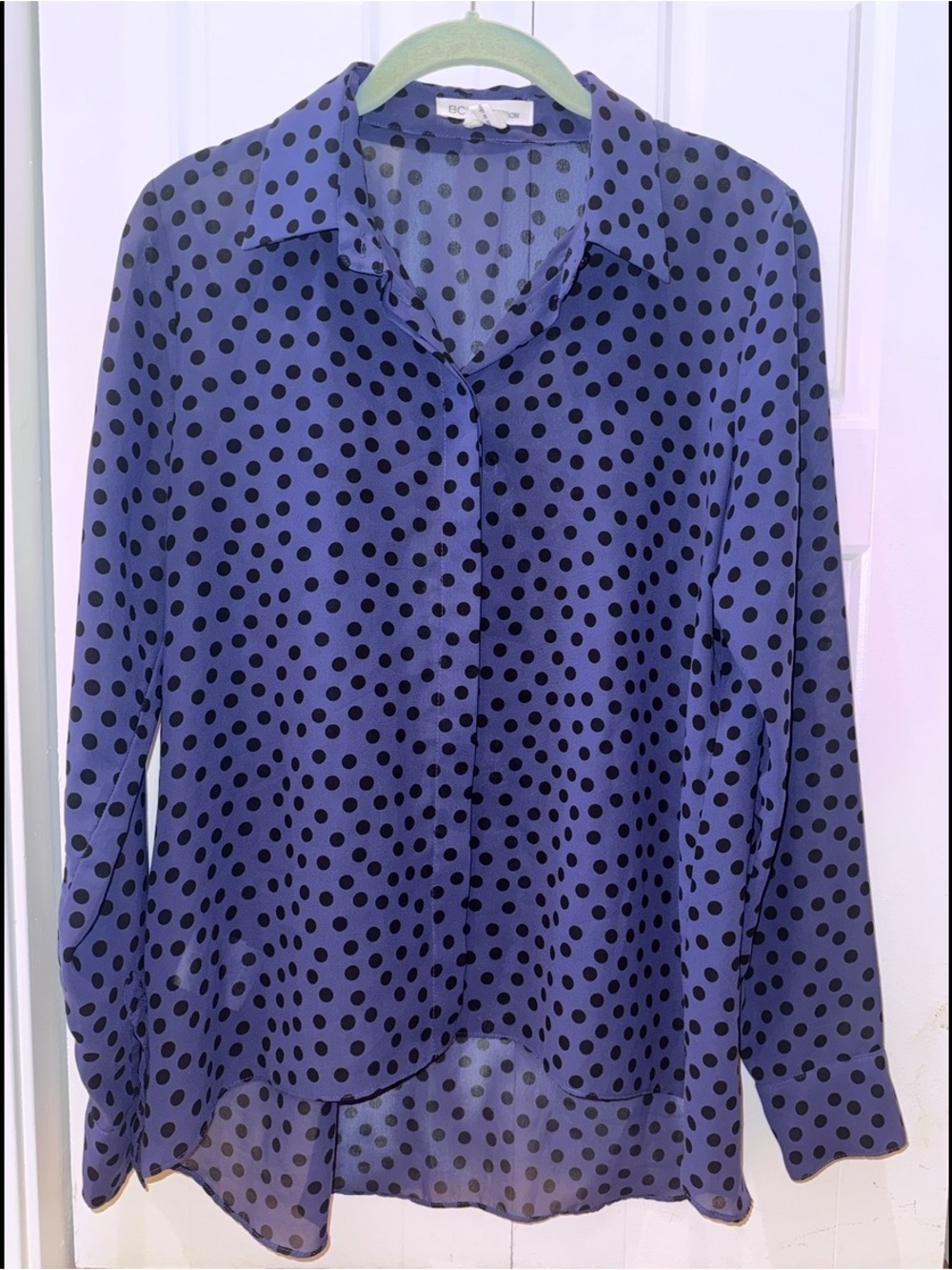 BCBGeneration Purple Polka Dot Button Down Blouse (XS)
